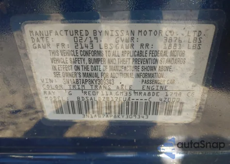 2019 Nissan Sentra Sv z USA, uszkodzony, nr VIN 3N1AB7AP8KY309343